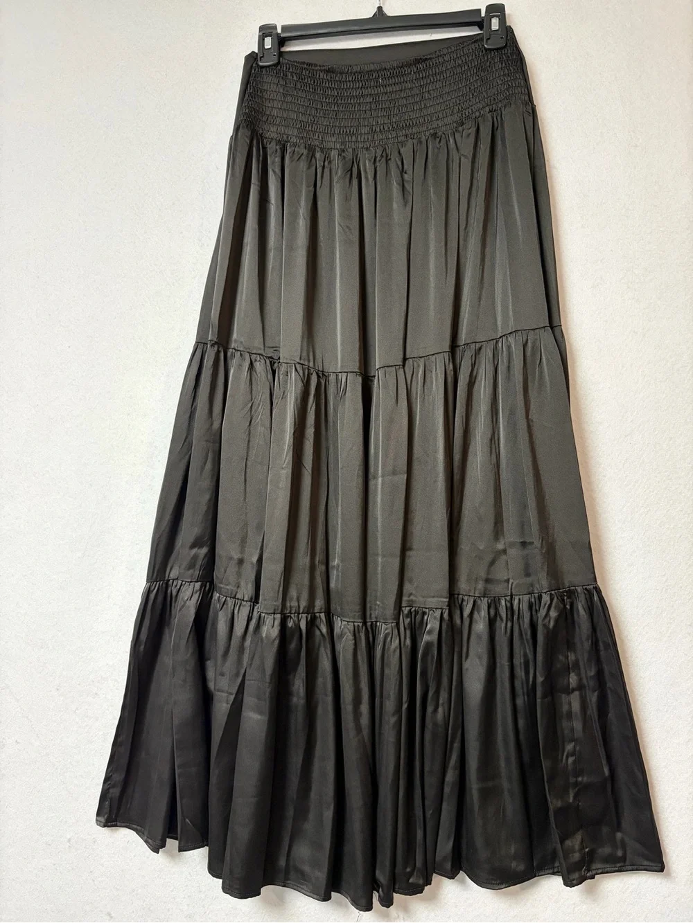 Natural Life Black Satin Boho Maxi Skirt Flowy Tiered Cottagecore Size Medium